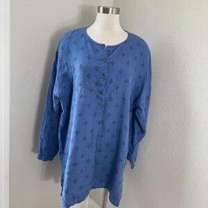 Gudrun Sjoden Womens XL Blue 100% Linen Button Front Tunic Top Lagenlook Shirt